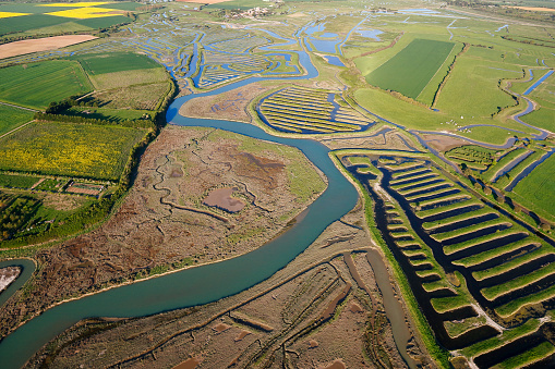 Aerial photograph of the salt marshes of Talmont-Saint-Hilaire (85440) and the veillon, department of the Vendée; Pays de la Loire region, France. Shooting from April 21017