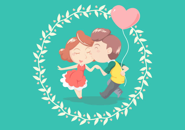 Couple Cartoon Valentines Day Celebration Stock Illustration - Download  Image Now - Adult, Art, Balloon - iStock