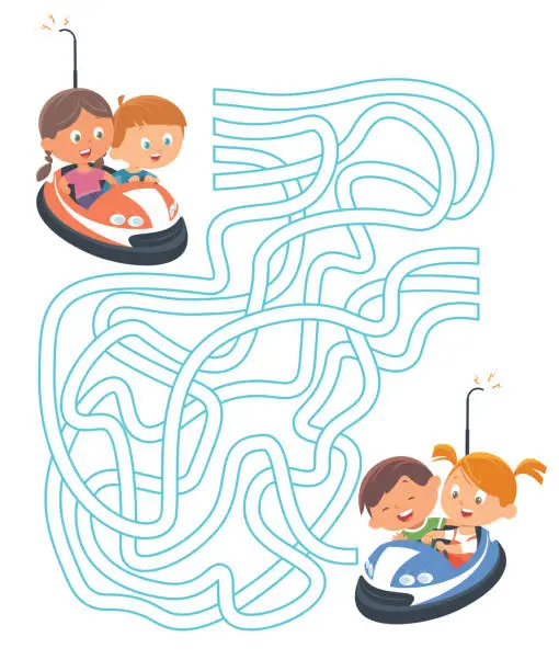 Vector illustration of Maze, Kids on Funfair Dodgems