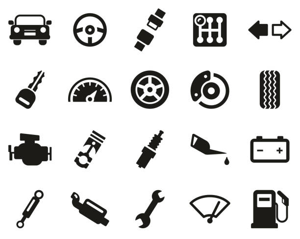 ilustrações, clipart, desenhos animados e ícones de peças de carro ou carro preto e branco set big - gas gauge full empty