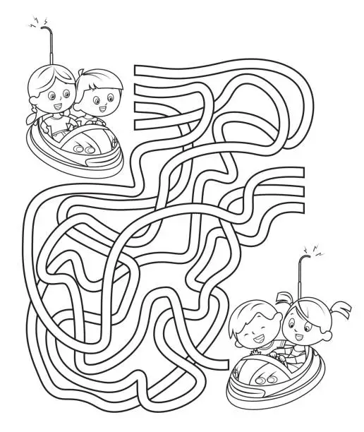 Vector illustration of Maze, Children on Funfair Dodgems