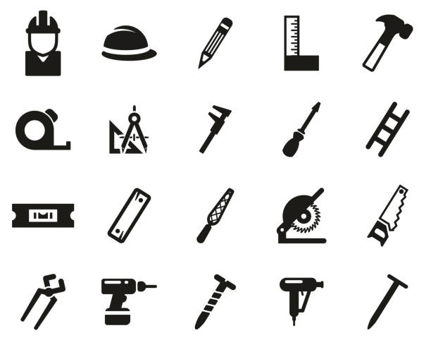 illustrazioni stock, clip art, cartoni animati e icone di tendenza di carpenter icons black & white set big - drill power tool work tool carpenter