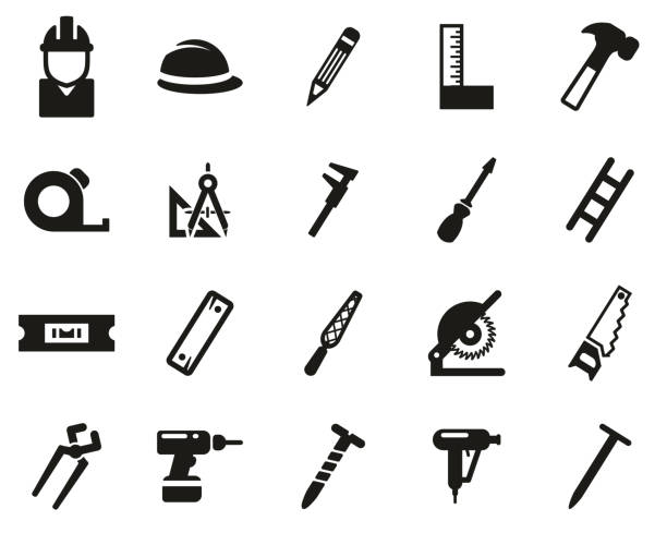 목수 아이콘 블랙 &amp; 화이트 세트 큰 - drill power tool work tool carpenter stock illustrations