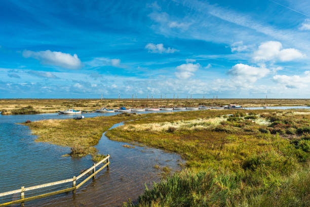 marais salés de morston vus du chemin côtier de blakeney à morston - north norfolk photos et images de collection