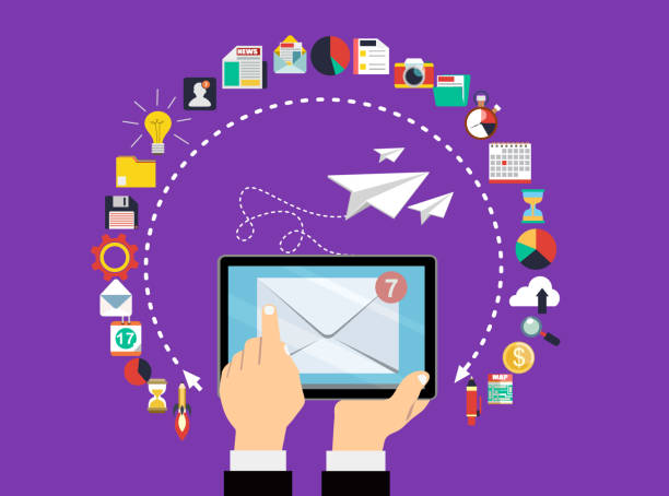 istock Business e-mail marketing. Promoting business on tablet. Vector illustration. 1197899292
