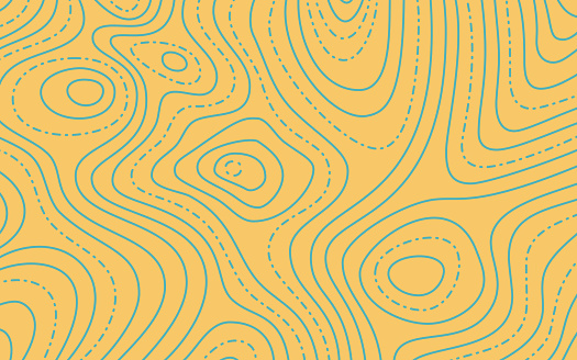 Topographic map lines yellow and blue abstract background pattern.
