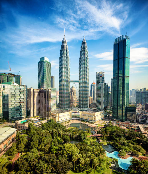 Kuala Lumpur skyline daytime wide angle aerial view featuring Petronas towers Kuala Lumpur skyline daytime wide angle aerial view featuring Petronas towers, photographed on a sunny day. twin towers malaysia stock pictures, royalty-free photos & images