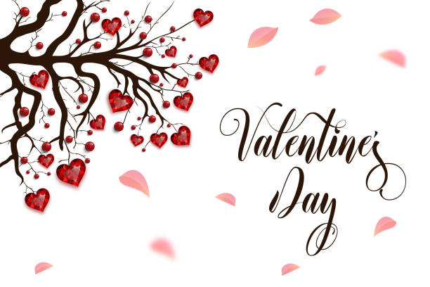 ハッピーバレンタイン。赤いハートとビーズで飾られた木。ルビーの宝石。バレンタインカード - heart shape silhouette spring retro revival点のイラスト素材／クリップアート素材／マンガ素材／アイコン素材