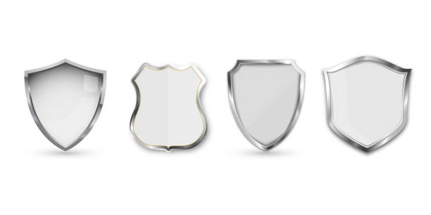 ilustrações de stock, clip art, desenhos animados e ícones de set of metal shield isolated on white background. - chrome insignia sign gear