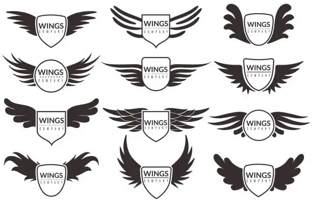 Vector illustration of Wings logo. Winged emblems, angel and phoenix wings heraldic symbols, sign for brand, certificate and stickers vintage vector badges