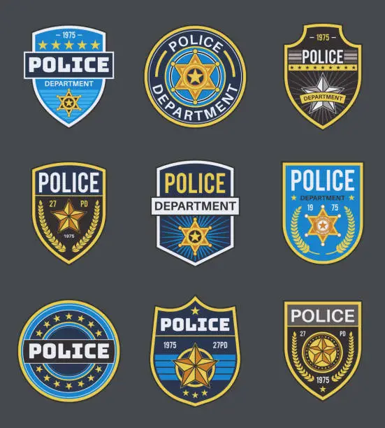 Vector illustration of Police labels. Policeman law enforcement badges. Sheriff, marshal and ranger logo, police star medallions, security federal agent vector insignia