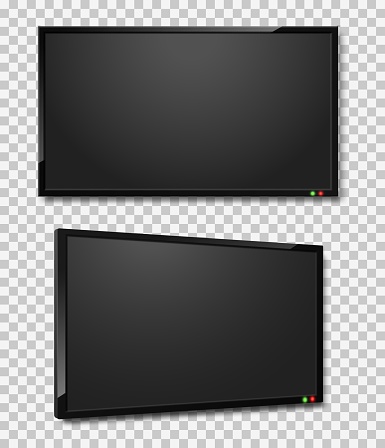 Tv screen. Realistic led or lcd tv screens, black panel monitor frontal and angle view. Modern digital technology plasma frame vector home television contemporary set