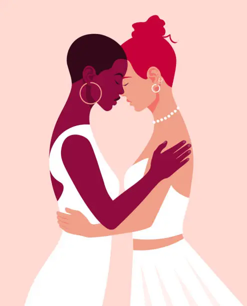 Vector illustration of Two women in white dresses hug each other. LGBT wedding. A pair of lesbian lovers.