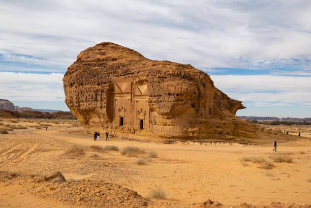 Winter at Tantora festival opens as tourists visit the heritage site of Mada'in Saleh near Al Ula, Saudi Arabia Mada'in Saleh is an archaeological site located in the region of Al Madinah, western Saudi Arabia. A majority of the remaining tombs date from the Nabatean kingdom. The site constitutes the kingdom's southernmost and largest settlement after the capital Petra. madain saleh photos stock pictures, royalty-free photos & images