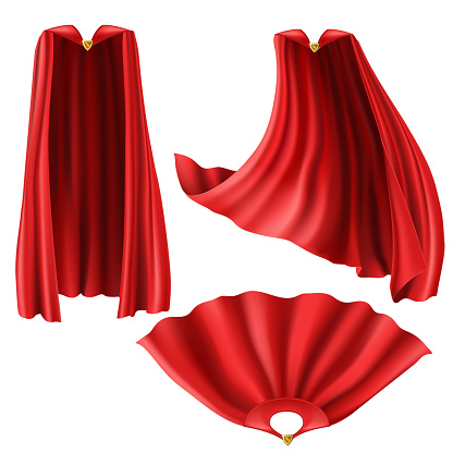 Red superhero cape, cloak with golden pin front and top view. Flying and fluttering on wind silk clothes for king, illusionist or vampire costume. Set of realistic mantle isolated on white background