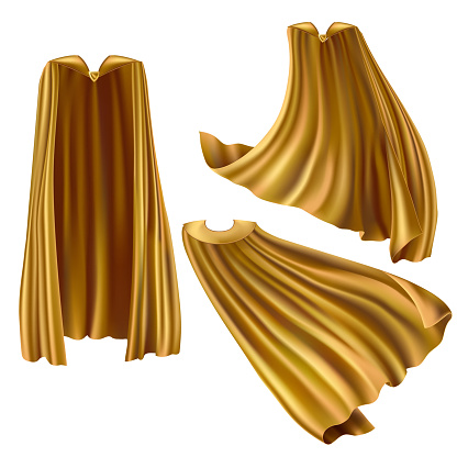 Golden superhero cape, cloak with triangle pin front and back view. Fluttering on wind rippled silk clothes for king, illusionist or hero costume. Set of realistic mantle isolated on white background