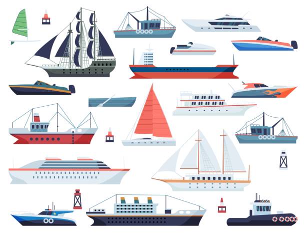 Sea ships. Fishing boat and big vessel for ocean travel on white background design vector shipping set Sea ships. Fishing boat and big vessel for ocean travel on white background design isolated vector floating shipping set ferry passenger stock illustrations