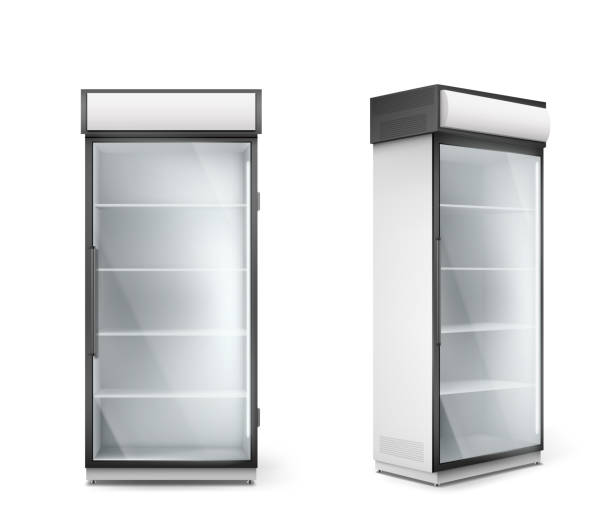 Empty refrigerator with transparent glass door Empty refrigerator with transparent glass door. Vector fridge for display fresh food and drink in supermarket. Modern cooler with shelves and handle front and corner view cool box stock illustrations
