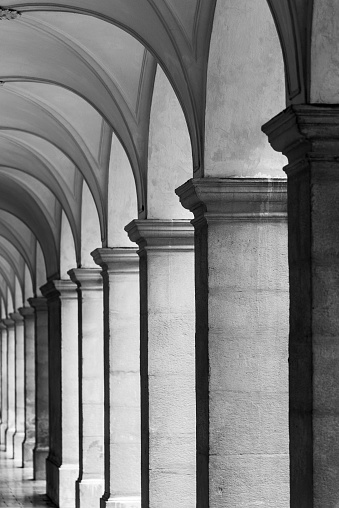 Row of architectural columns in historical archway. Black and white image.