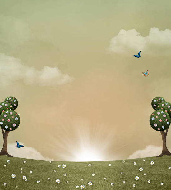Postcard of a surreal countryside scenery in a sunny springtime morning – 3D render
