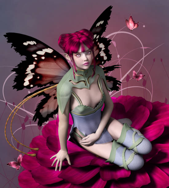Beautiful elf with butterfly wings sitting on a purple flower - 3D render