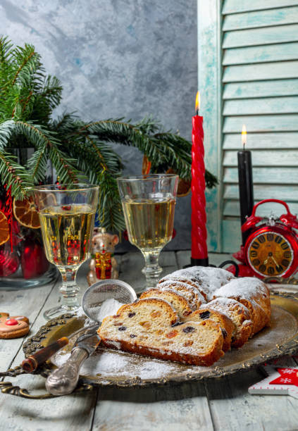 istock Sliced Christmas Stollen on a tray. 1197915009