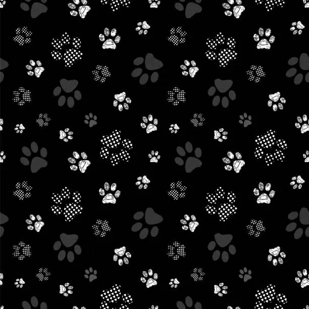 Vector illustration of Seamless pattern with patterned paws. Complex illustration print in white, grey and black.