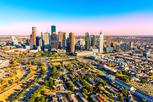 The downtown skyline and surrounding metropolitan area of Houston, Texas shot from an altitude of about 1500 feet during a helicopter photo flight.