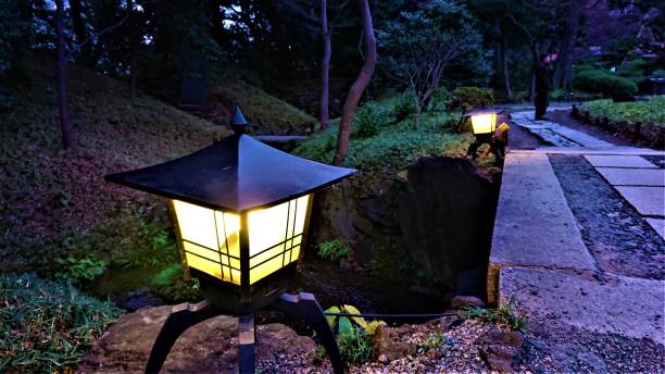 istock January. Japan. Japanese  traditional lantern in night. 1197916417