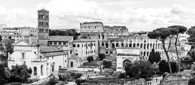 Roman Forum, Latin Forum Romanum, most important cenre in ancient Rome, Italy. Aerial view from Palatine Hill. Black and white image.