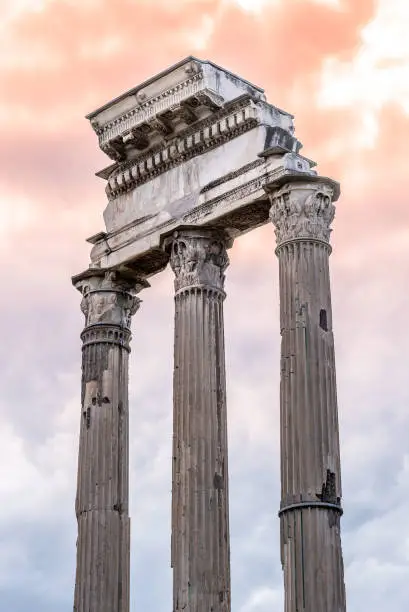 Temple of Castor and Pollux, Italian: Tempio dei Dioscuri. Ancient ruins of Roman Forum, Rome, Italy. Detailed view.