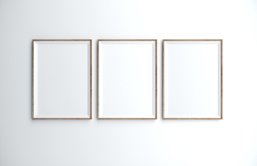 Three blank poster on wall. Gallery, art, exhibit and museum concept. Mock up, 3D Rendering