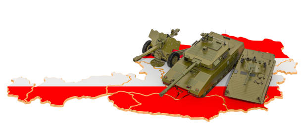 istock Combat vehicles on Austrian map. Military defence of Austria concept, 3D rendering isolated on white background 1197919038
