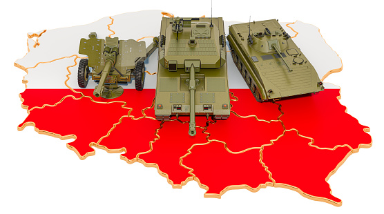 Combat vehicles on Polish map. Military defence of Poland concept, 3D rendering isolated on white background