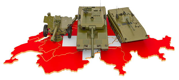Combat vehicles on Swiss map. Military defence of Switzerland concept, 3D rendering isolated on white background