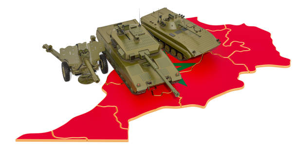 istock Combat vehicles on Moroccan map. Military defence of Morocco concept, 3D rendering isolated on white background 1197919431
