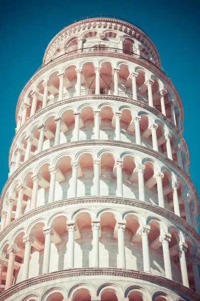 Close up of leaning tower of Pisa vintage retro toned