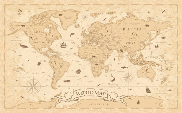 ilustraciones, imágenes clip art, dibujos animados e iconos de stock de mapa mundial vintage estilo antiguo - vector - capas - an ancient