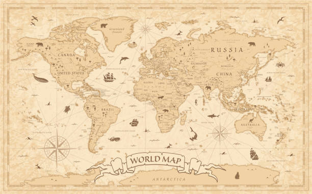 世界地圖復古舊風格 - 向量 - 圖層 - 古老的 幅插畫檔、美工圖案、卡通及圖標