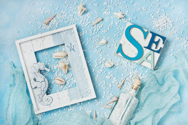 istock Sea shells and stones on blue background. Top view with cope spa 1197923378