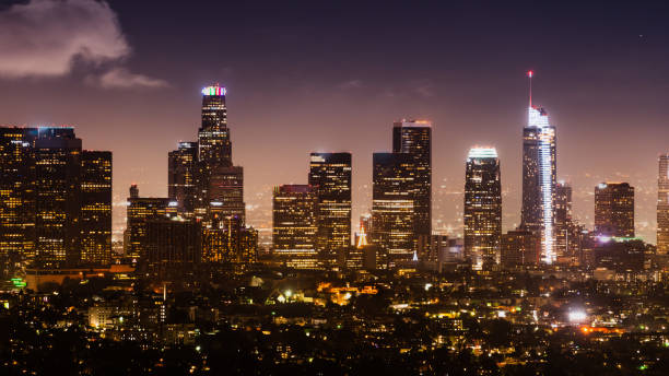 aerial night view of los angeles financial district skyline; california - city of los angeles city life cityscape night imagens e fotografias de stock