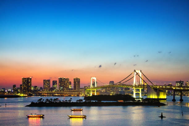 istock Tokyo panoramic scenic view skyline at sunset with Rainbow Bridge wide angle view 1197926876