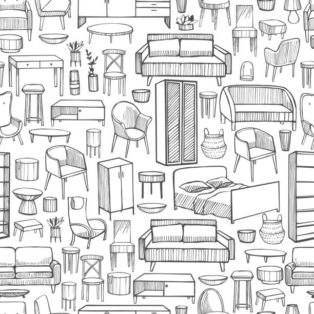 Furniture, lamps and plants for the home. Furniture, lamps and plants for the home. Vector  seamless pattern empty sofa stock illustrations