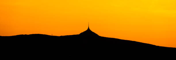 Silhouette of Jested mountain at sunset time, Liberec, Czech Republic. Panoramic shot