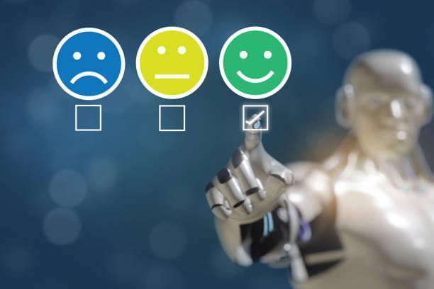 istock 3d rendering artificial intelligence robot hand flip the satisfaction to choose happy to customer relationship service 1197931256