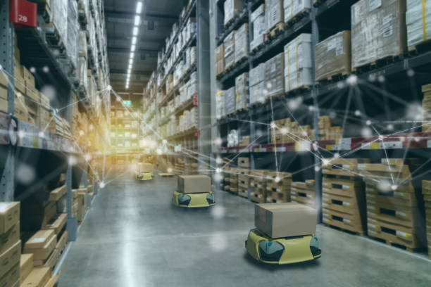 istock smart retail concept, autonomous robot service use for move box in Stores that stock goods on shelves with artificial intelligence, 5g, digital twin, quantum computer, machine learning, blockchain 1197931279