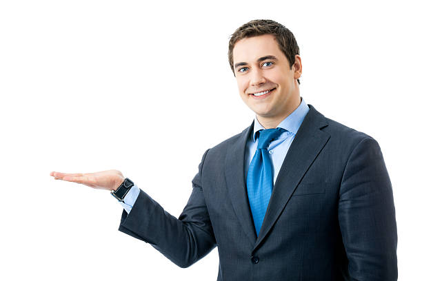 istock Happy smiling businessman showing, isolated on white 119793183