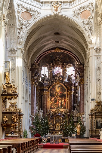 Prague, Czech Republic - January 1, 2020: Cathedral of St. Clement is a Catholic church of the Byzantine Rite (Ruthenian) located in Prague.