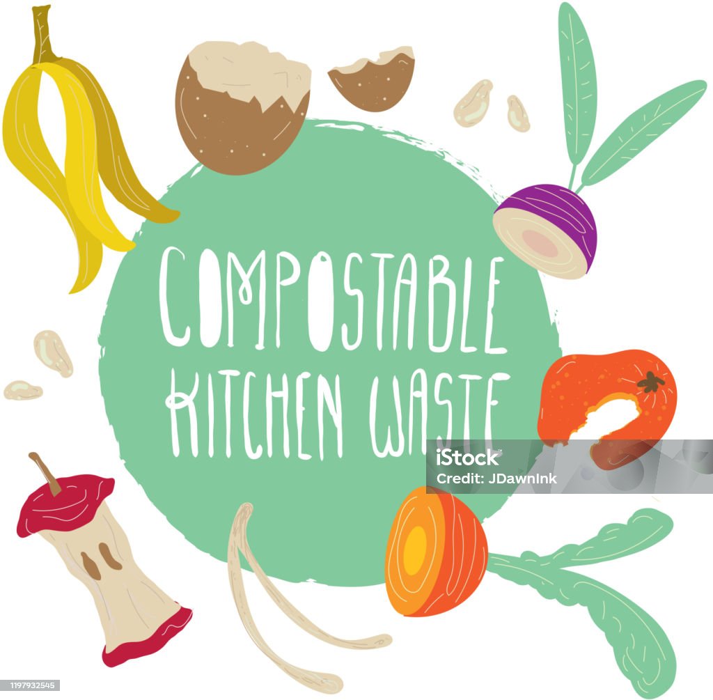 Compostables Drawing Compostable Kitchen Waste Compost With Hand Drawn Food Scraps Stock ...