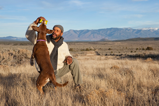 Handsome African American man playing with his dog